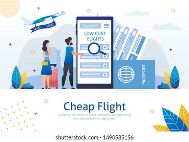 Cheap Flights, Airline Sale Search Mobile App, Airplane Tickets Booking Service Trendy Flat Vector Ad Banner, Poster. Couple With Baggage Searching Low Cost Flights On Cellphone Screen Illustration