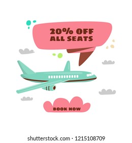 Cheap flights. Flight concept. Offer flights. Inscription - 20 off all seats. Vector cartoon.