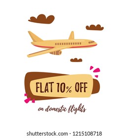 Cheap flights. Flight concept. Offer flights. Inscription - flat 10 off. Vector cartoon.