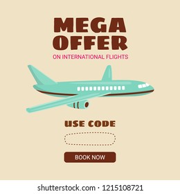 Cheap flights. Flight concept. Offer flights. Inscription - mega offer. Vector cartoon.