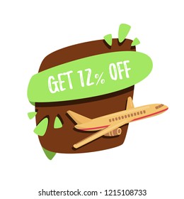 Cheap flights. Flight concept. Offer flights. Inscription - get 12 off. Vector cartoon.