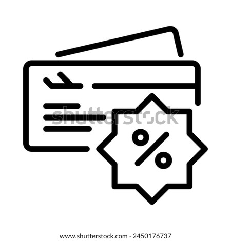 Cheap flights icon. Airplane ticket with discount tag. Outline style. Vector. Isolate on white background.