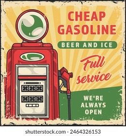 Cheap gasoline colorful vintage poster with machine for refueling cars with petroleum and diesel fuel vector illustration