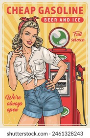 Cheap gasoline colorful vintage sticker with girl standing near pump for refueling car with petroleum or diesel fuel vector illustration