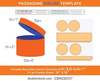 Cheap hat box, round lid box dieline template with the dimension H1 3, D 4, H2 1 inch