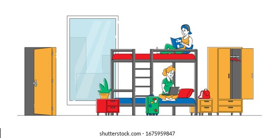 Cheap Hostel for Tourist Accommodation. Female Characters Sitting on Bunk Bed Reading Book Work on Laptop. Place for Living, Alternative Home, Room for Relaxation. Linear People Vector Illustration