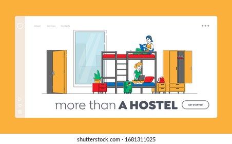 Cheap Hostel for Tourist Accommodation Landing Page Template. Female Characters Sitting on Bunk Bed Reading Book Work on Laptop. Place for Living, Home. Linear People. Linear Vector Illustration