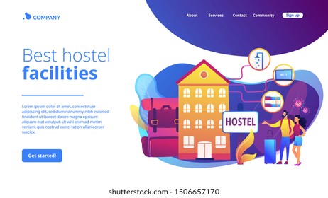 Cheap inn, affordable guesthouse. College dormitory, motel check in. Hostel services, lower priced accommodation, best hostel facilities concept. Website homepage landing web page template.