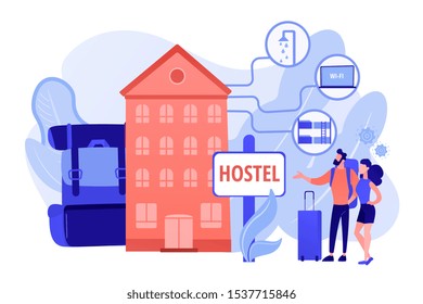 Cheap inn, affordable guesthouse. College dormitory, motel check in. Hostel services, lower priced accommodation, best hostel facilities concept. Pink coral blue vector isolated illustration