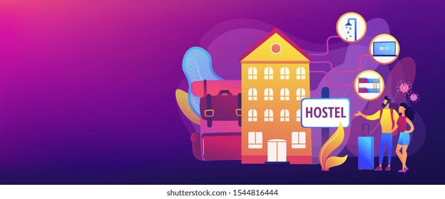 Cheap inn, affordable guesthouse. College dormitory, motel check in. Hostel services, lower priced accommodation, best hostel facilities concept. Header or footer banner template with copy space.