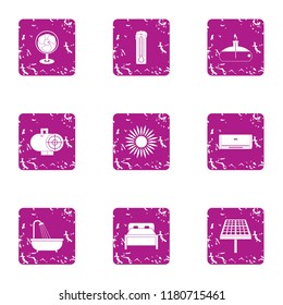 Cheap motel icons set. Grunge set of 9 cheap motel vector icons for web isolated on white background