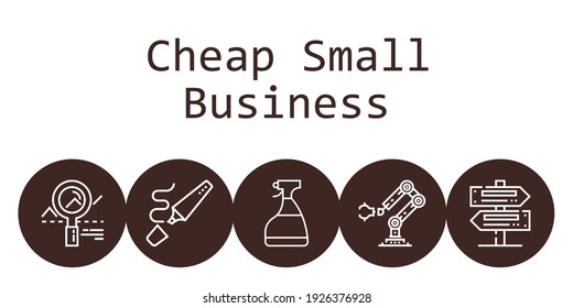 cheap small business background concept with cheap small business icons. Icons related analytics, signs, highlighter, window cleaner, industrial robot