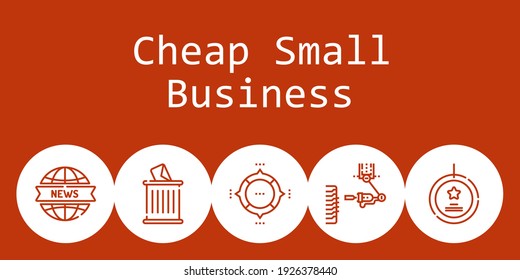 concepto de fondo barato para pequeñas empresas con iconos baratos para pequeñas empresas. Noticias relacionadas con los iconos, best seller, gráfico circular, robot industrial, basura