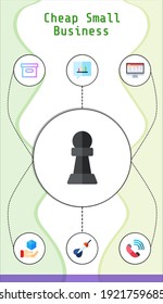 cheap small business editable infographic template with icons of bubble speech, dart, package, monitor, telephone, cube, pawn
