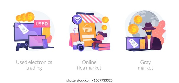 Cheap smartphone buying, laptop deals, computer low prices bargain. Used electronics trading, online flea market, gray market metaphors. Vector isolated concept metaphor illustrations.