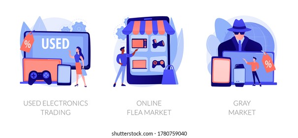 Cheap smartphone buying, laptop deals, computer low prices bargain. Used electronics trading, online flea market, gray market metaphors. Vector isolated concept metaphor illustrations.