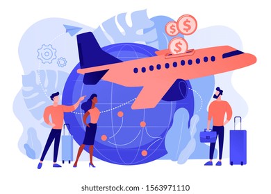 Cheap tickets for air transportation. Cost-efficient last minute flight offers. Economy class airlines for tourists, travelers with limited budget. Pinkish coral bluevector isolated illustration