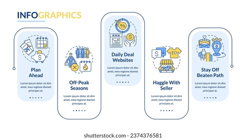 Plantilla de infografía de rectángulo de viaje barato. Viaje de presupuesto. Ahorra dinero. Visualización de datos con 5 pasos. Gráfico de información de línea de tiempo editable. Diseño de flujo de trabajo con iconos de línea. Negrita Lato, fuentes regulares usadas