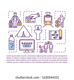 Cheap vacation ideas concept icon with text. Advance book. Using credit card. Camping. PPT page vector template. Brochure, magazine, booklet design element with linear illustrations
