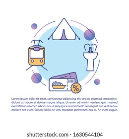 Cheap vacation ideas concept icon with text. Tickets discount. Cruise deal. Last minute offer. PPT page vector template. Brochure, magazine, booklet design element with linear illustrations
