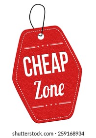 Cheap zone red leather label or price tag on white background, vector illustration