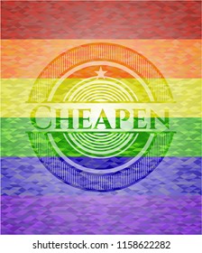 Cheapen emblem on mosaic background with the colors of the LGBT flag