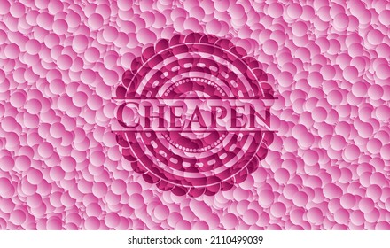 Emblema rosa barato con fondo de burbujas. Vintage. Ilustración vectorial. Detallado. 