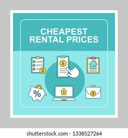 Cheapest rental prices social media posts mockup. Realty. Advertising web banner design template. Social media booster, content layout. Isolated promotion border, frame with headlines, linear icons