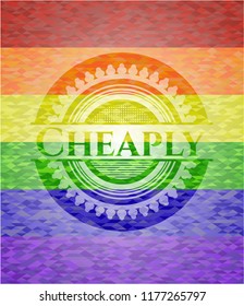 Cheaply emblem on mosaic background with the colors of the LGBT flag