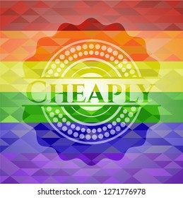 Cheaply emblem on mosaic background with the colors of the LGBT flag