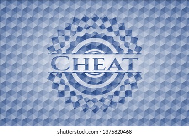 Cheat blue emblem or badge with abstract geometric polygonal pattern background.