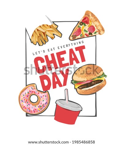 cheat day slogan with fast food vector illustration