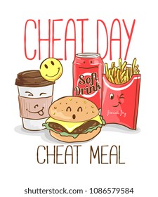 Cheat Day Slogan With Foods Illustration