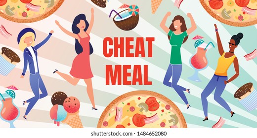 Cheat Meal Abstract Flat Design Banner. Happy Multiracial People, Excited Female Group Characters Dancing through Levitating Junk Food. Ice-Cream, Pizza, Cocktails, Muffins. Vector Illustration