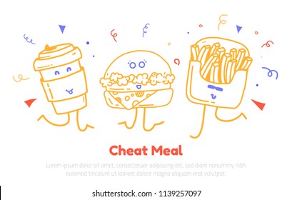 Cheat meal day poster card with cute characters hamburger, cup and fries modern design for promotion