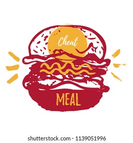 Cheat Meal with hand drawn Burger label, badge. Emblem for fast food restaurant, cafe. Isolated on white background. Vector illustration.