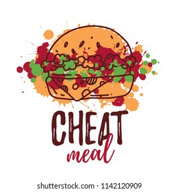 Cheat Meal with hand drawn Burger label, badge. Emblem for fast food restaurant, cafe. Isolated on white background. Vector illustration.