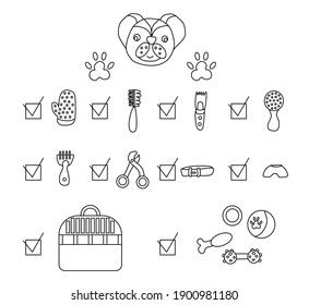 Cheat sheet of necessary purchases for the dog. Vector illustration in doodle style. Sketch-style infographics.