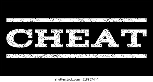 Cheat watermark stamp. Text tag between horizontal parallel lines with grunge design style. Rubber seal stamp with dirty texture. Vector white color ink imprint on a black background.