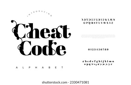 Cheatcode elegant luxury abstract wedding fashion logo font alphabet. Minimal classic urban fonts for logo, brand etc. Typography typeface uppercase lowercase and number. vector illustration