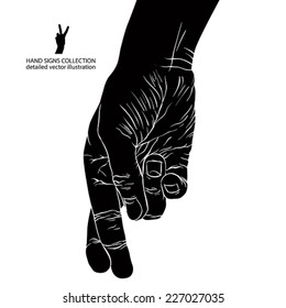 Cheater Hand With Crossed Fingers, Detailed Black And White Vector Illustration.