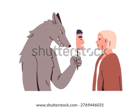 Cheater pretending in love relationship. Bad fake partner hiding, concealing with false mask, cheating. Deception in couple. Psychology concept. Flat vector illustration isolated on white background