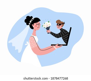 A cheater tries to deceive a woman into marriage online. The woman realized the deception and became very angry. Vector flat illustration