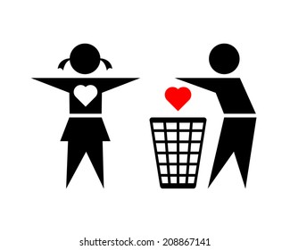 Cheating boy is throwing his girlfriend's loving heart into trash bin on white background