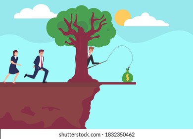 Cheating business vector concept: Cheating businessman making money trap to his rival on the gap