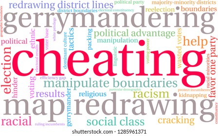 Cheating with Gerrymandering word cloud on a white background. 