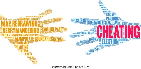 Cheating with Gerrymandering word cloud on a white background. 