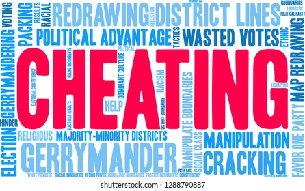 Cheating with Gerrymandering word cloud on a white background. 