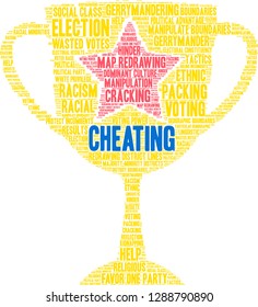 Cheating with Gerrymandering word cloud on a white background. 