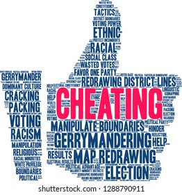 Cheating with Gerrymandering word cloud on a white background. 
